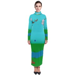 Frog Log Stream River Wallpaper Turtleneck Maxi Dress