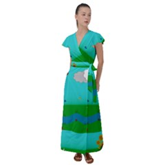 Frog Log Stream River Wallpaper Flutter Sleeve Maxi Dress