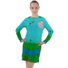 Frog Log Stream River Wallpaper Long Sleeve Hoodie Dress