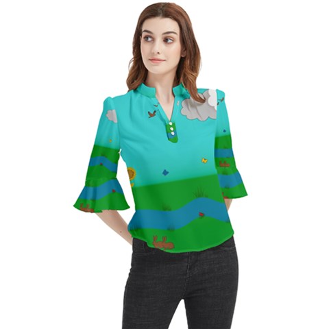 Frog Log Stream River Wallpaper Loose Horn Sleeve Chiffon Blouse by Ravend