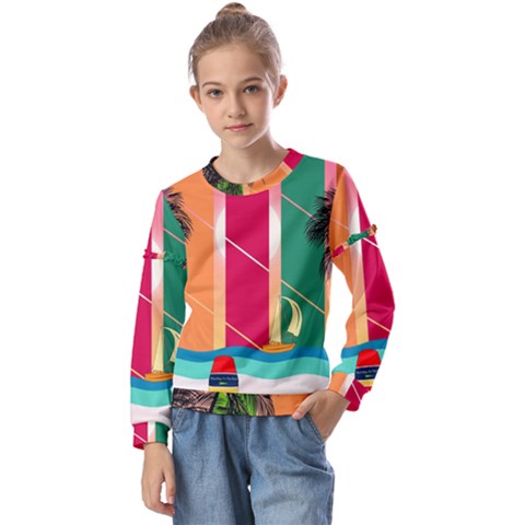 Beach Summer Wallpaper Kids  Long Sleeve Tee With Frill  by Ravend