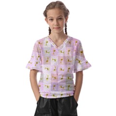 Giraffe Pattern Art Background Kids  V-neck Horn Sleeve Blouse