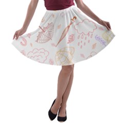 Weather Umbrella Rain Cloud Seamless Doodle Pattern A-line Skater Skirt by danenraven