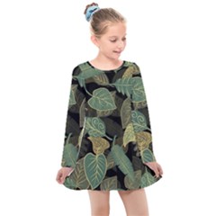 Autumn Fallen Leaves Dried Leaves Kids  Long Sleeve Dress by Ravend