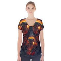 Red And Black Dragon Fire Short Sleeve Front Detail Top by danenraven