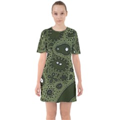 Green Bacteria Digital Wallpaper Eyes Look Biology Pattern Sixties Short Sleeve Mini Dress by danenraven