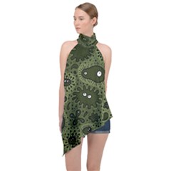 Green Bacteria Digital Wallpaper Eyes Look Biology Pattern Halter Asymmetric Satin Top by danenraven