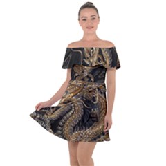 Gold And Silver Dragon Illustration Chinese Dragon Animal Off Shoulder Velour Dress by danenraven