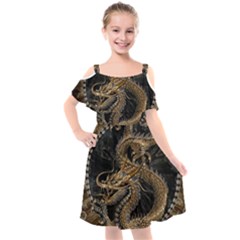 Gold And Silver Dragon Illustration Chinese Dragon Animal Kids  Cut Out Shoulders Chiffon Dress by danenraven