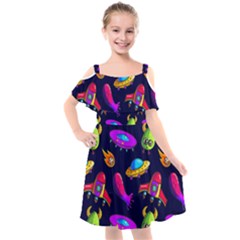 Space Pattern Kids  Cut Out Shoulders Chiffon Dress