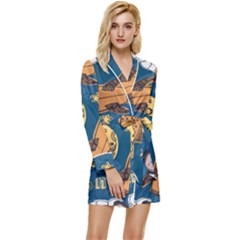 Missile Pattern Long Sleeve Satin Robe