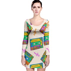 Seamless Pattern With Colorful Cassettes Hippie Style Doodle Musical Texture Wrapping Fabric Vector Long Sleeve Velvet Bodycon Dress