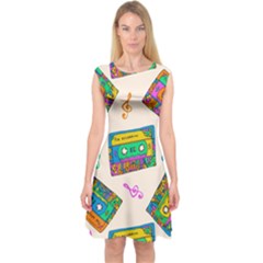 Seamless Pattern With Colorful Cassettes Hippie Style Doodle Musical Texture Wrapping Fabric Vector Capsleeve Midi Dress