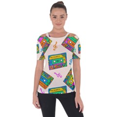 Seamless Pattern With Colorful Cassettes Hippie Style Doodle Musical Texture Wrapping Fabric Vector Shoulder Cut Out Short Sleeve Top