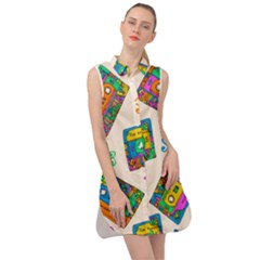 Seamless Pattern With Colorful Cassettes Hippie Style Doodle Musical Texture Wrapping Fabric Vector Sleeveless Shirt Dress by Ravend