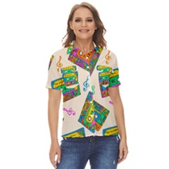 Seamless Pattern With Colorful Cassettes Hippie Style Doodle Musical Texture Wrapping Fabric Vector Women s Short Sleeve Double Pocket Shirt