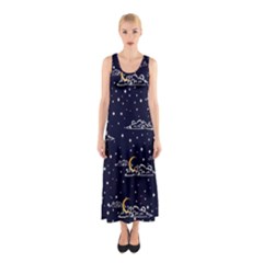 Hand Drawn Scratch Style Night Sky With Moon Cloud Space Among Stars Seamless Pattern Vector Design Sleeveless Maxi Dress by Ravend