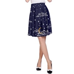 Hand Drawn Scratch Style Night Sky With Moon Cloud Space Among Stars Seamless Pattern Vector Design A-line Skirt