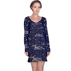 Hand Drawn Scratch Style Night Sky With Moon Cloud Space Among Stars Seamless Pattern Vector Design Long Sleeve Nightdress by Ravend