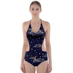 Hand Drawn Scratch Style Night Sky With Moon Cloud Space Among Stars Seamless Pattern Vector Design Cut-out One Piece Swimsuit by Ravend