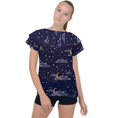 Hand Drawn Scratch Style Night Sky With Moon Cloud Space Among Stars Seamless Pattern Vector Design Ruffle Collar Chiffon Blouse