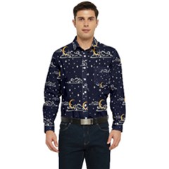 Hand Drawn Scratch Style Night Sky With Moon Cloud Space Among Stars Seamless Pattern Vector Design Men s Long Sleeve Pocket Shirt 