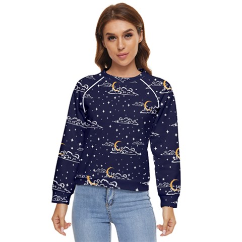 Hand Drawn Scratch Style Night Sky With Moon Cloud Space Among Stars Seamless Pattern Vector Design Women s Long Sleeve Raglan Tee by Ravend