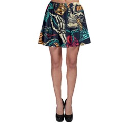 Vintage Art Tattoos Colorful Seamless Pattern Skater Skirt