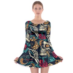 Vintage Art Tattoos Colorful Seamless Pattern Long Sleeve Skater Dress