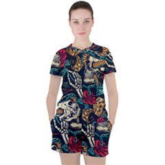 Vintage Art Tattoos Colorful Seamless Pattern Women s Tee And Shorts Set