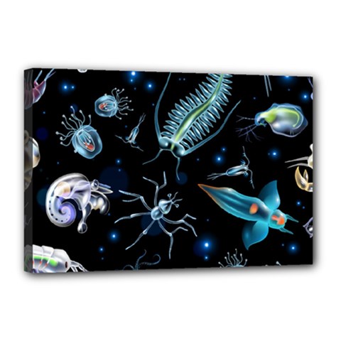 Colorful Abstract Pattern Consisting Glowing Lights Luminescent Images Marine Plankton Dark Canvas 18  X 12  (stretched) by Ravend