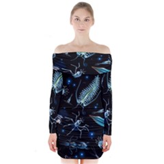 Colorful Abstract Pattern Consisting Glowing Lights Luminescent Images Marine Plankton Dark Long Sleeve Off Shoulder Dress by Ravend