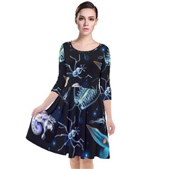 Colorful Abstract Pattern Consisting Glowing Lights Luminescent Images Marine Plankton Dark Quarter Sleeve Waist Band Dress by Ravend