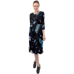 Colorful Abstract Pattern Consisting Glowing Lights Luminescent Images Marine Plankton Dark Ruffle End Midi Chiffon Dress by Ravend