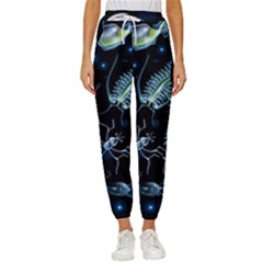 Colorful Abstract Pattern Consisting Glowing Lights Luminescent Images Marine Plankton Dark Cropped Drawstring Pants by Ravend