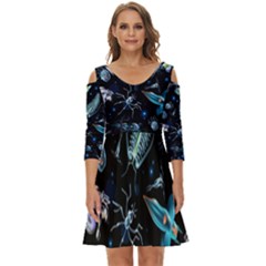Colorful Abstract Pattern Consisting Glowing Lights Luminescent Images Marine Plankton Dark Shoulder Cut Out Zip Up Dress by Ravend