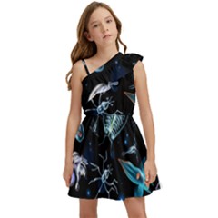 Colorful Abstract Pattern Consisting Glowing Lights Luminescent Images Marine Plankton Dark Kids  One Shoulder Party Dress by Ravend