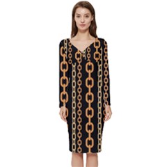 Gold Chain Jewelry Seamless Pattern Long Sleeve V-neck Bodycon Dress 