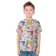 Seamless Pattern With Many Funny Cute Superhero Dinosaurs T-rex Mask Cloak With Comics Style Kids  Cotton Tee