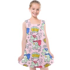 Seamless Pattern With Many Funny Cute Superhero Dinosaurs T-rex Mask Cloak With Comics Style Kids  Cross Back Dress by Ravend