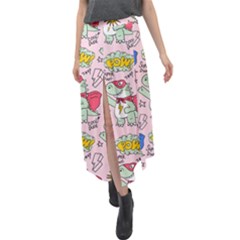 Seamless Pattern With Many Funny Cute Superhero Dinosaurs T-rex Mask Cloak With Comics Style Velour Split Maxi Skirt