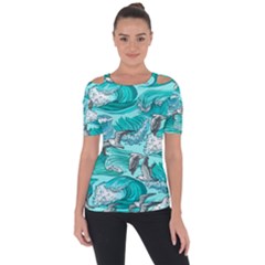 Sea Wave Seamless Pattern Shoulder Cut Out Short Sleeve Top