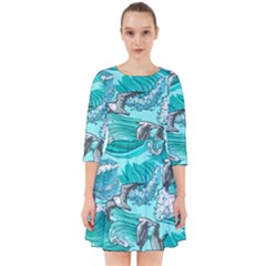 Sea Wave Seamless Pattern Smock Dress