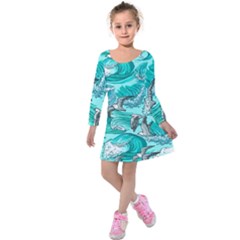 Sea Wave Seamless Pattern Kids  Long Sleeve Velvet Dress