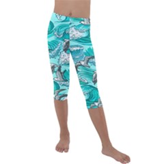 Sea Wave Seamless Pattern Kids  Lightweight Velour Capri Leggings 