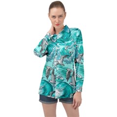 Sea Wave Seamless Pattern Long Sleeve Satin Shirt