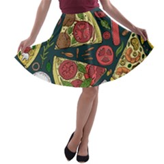 Vector Seamless Pizza Slice Pattern Hand Drawn Pizza Illustration Great Pizzeria Menu Background A-line Skater Skirt by Ravend