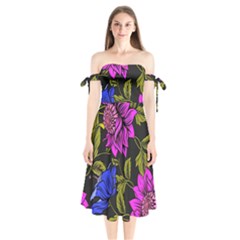 Botany Floral Flower Plant Petals Shoulder Tie Bardot Midi Dress by Wegoenart