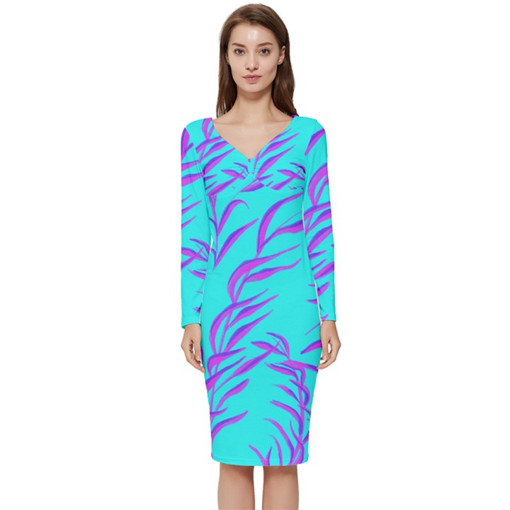 Branches Leaves Colors Summer Long Sleeve V-Neck Bodycon Dress 