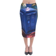 The Police Box Tardis Time Travel Device Used Doctor Who Velvet Midi Pencil Skirt by Jancukart